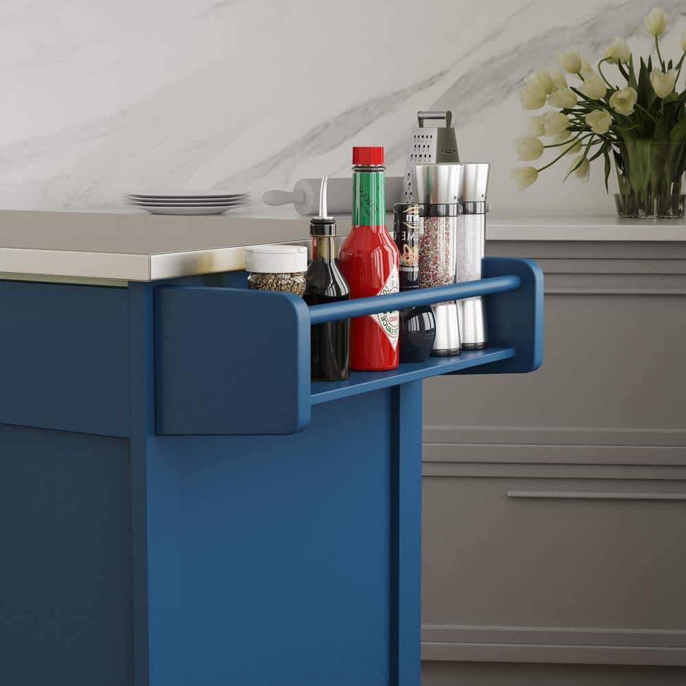 Blue Stainless Steel Top Kitchen Cart with Spice Rack and Storage