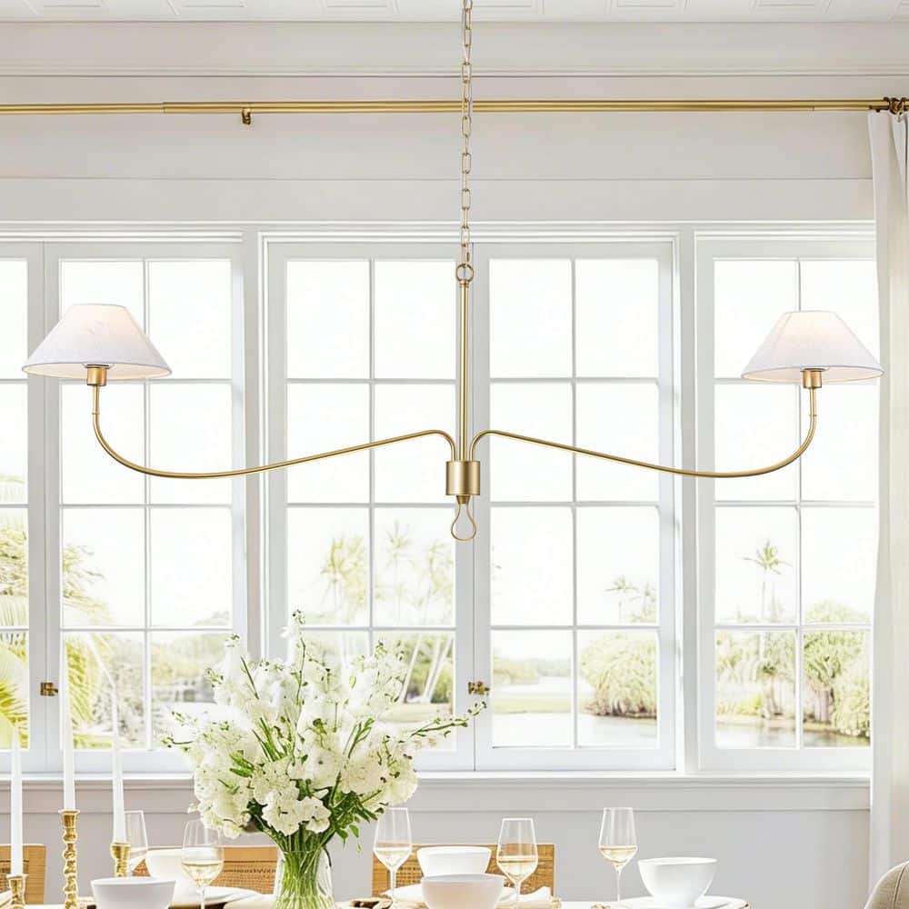 TinHon 2-Light Modern Gold Linear Chandelier with Fabric Shades