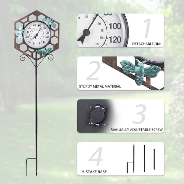 MUMTOP 38H Outdoor Thermometer Garden Stake Metal with Bee Decoration for Patio, Garden, Porch