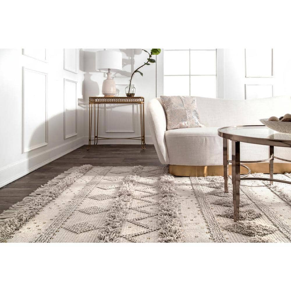 Ivory Hand-Tufted Wool Square Area Rug with Fringe