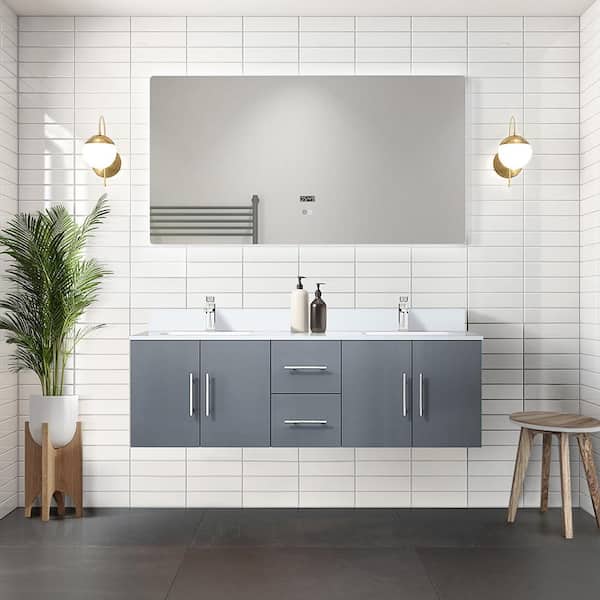 Lexora Geneva 60 in. W x 22 in. D Dark Grey Double Bath Vanity, White Quartz Top, Faucet Set, and 60 in. LED Mirror