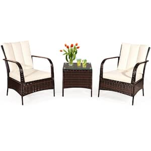 3-Pieces Patio Conversation Rattan Furniture Set with Tempered Glass and Ivory White Cushions