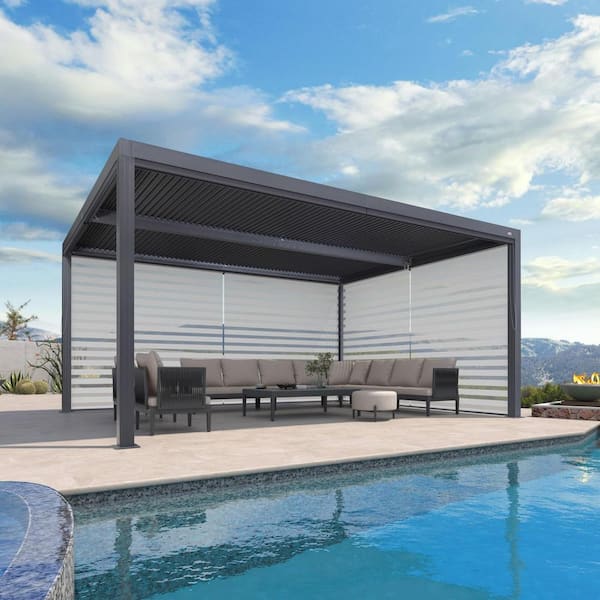 12 ft. x 16 ft. Gray Aluminum Frame Louvered Pergola with Adjustable Sunshade Roof and 1-Long 1-Short Side Roller Shades