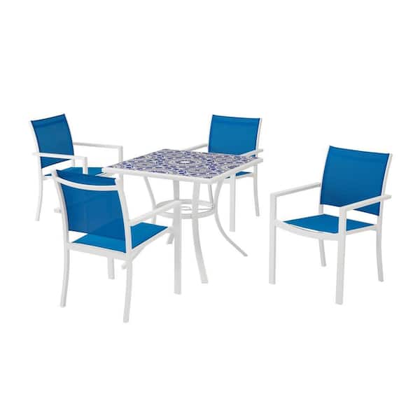 StyleWell Marivaux Blue and White 5-Piece Steel Outdoor Patio Dining Set with Blue Sling Chairs