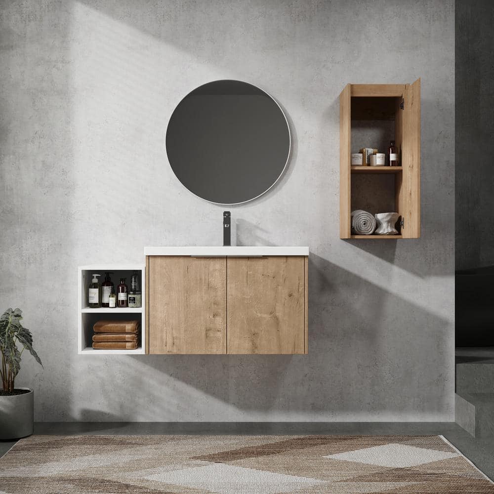 42 in. Single Sink Floating Imitative Oak Bath Vanity with White Resin Top, Open Shelf and Side Cabinet Unassembled