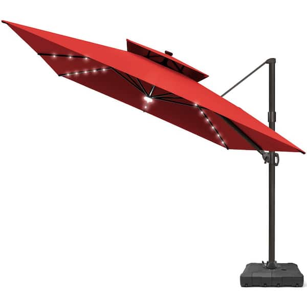 Solar LED 2-Tier 11 ft. Square 360° Rotation Cantilever Patio Umbrella with 220 lbs. Umbrella Base in Red
