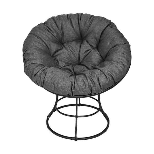 Dark Brown Wicker Metal Frame Papasan Chair Outdoor Recliner with Black Cushion