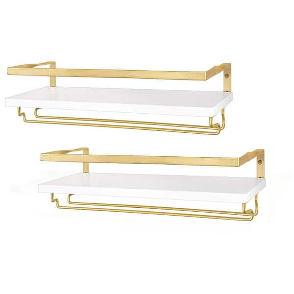 Angel Sar 16.9 in. White and Gold Wall Mounted Wine Rack, Wood Rustic Floating Shelves with Stemware Hanger (2-Pack)