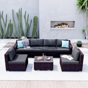 7-Pieces Red Wicker Outdoor Sectional Set with Gray Cushion and Coffee Table