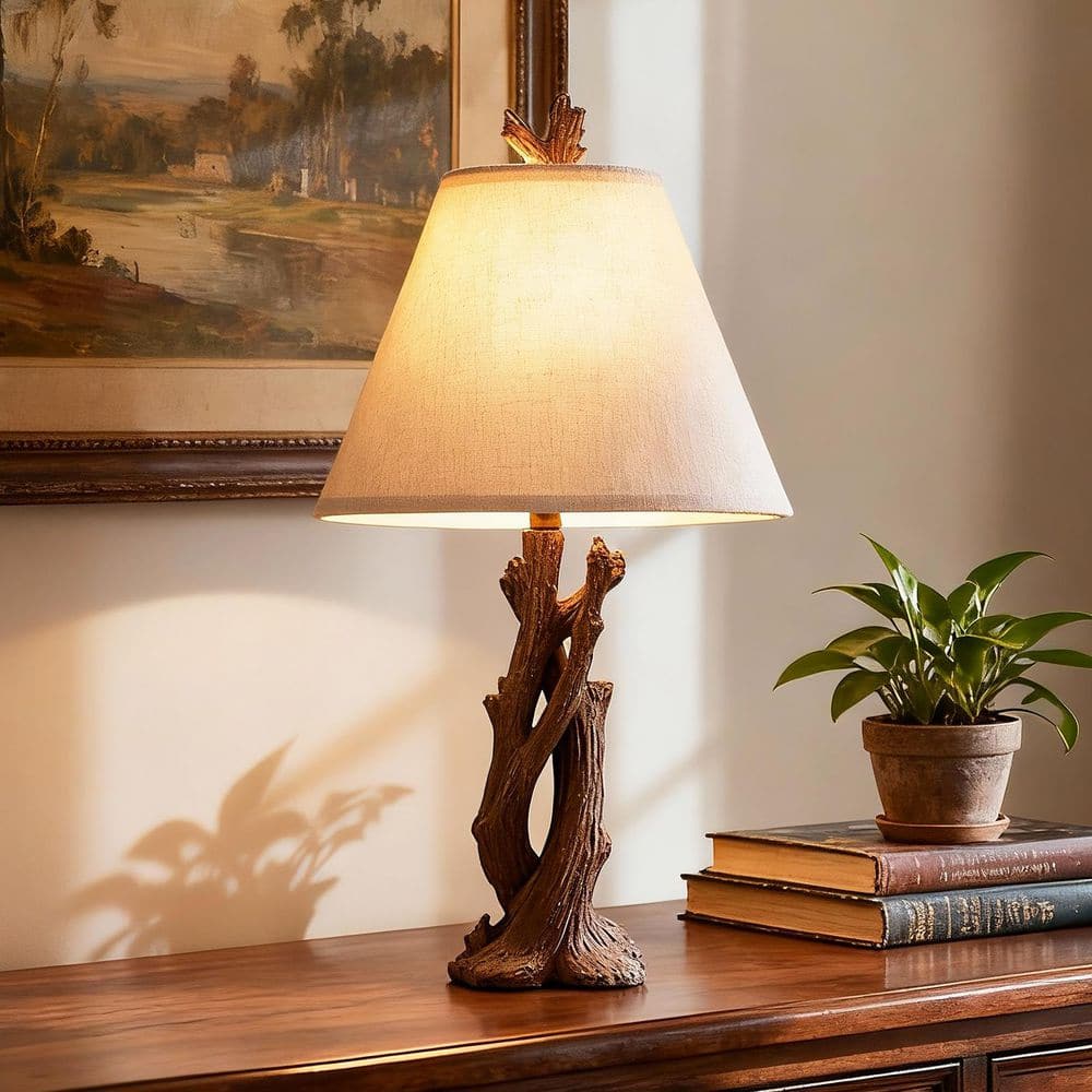 SUNMORY 23.6 in. Rustic Wood Resin Antler Beside Lamp, Rustic