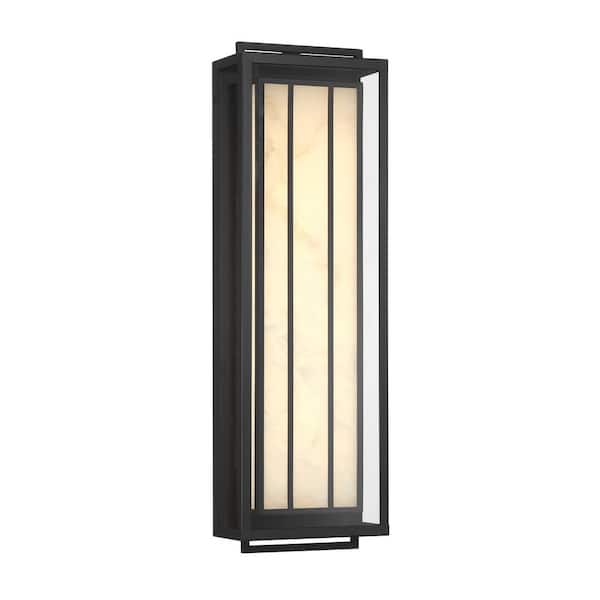 Eastly 28 in. Sand Black Outdoor Hardwired Rectangle Coach Wall Sconce with Integrated LED Included and Alabaster Shades