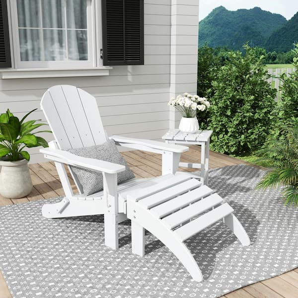 WESTIN OUTDOOR Laguna Classic Outdoor Patio Plastic Foldable Adirondack Chair with Ottoman and Side Table Set (3-Piece), White