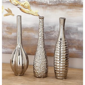 3 in., 12 in. Silver Slim Textured Bottleneck Ceramic Decorative Vase with Varying Patterns (Set of 3)