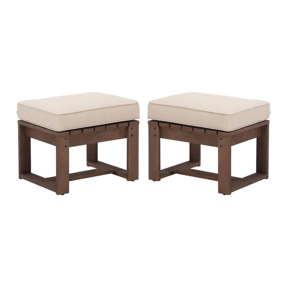 Wicker Outdoor Wood Frame Ottoman with Beige Cushions (Set of 2)