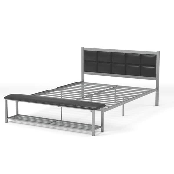 Furniture of America Karina Black and Silver Queen Metal Platform Bed with Attached Bench