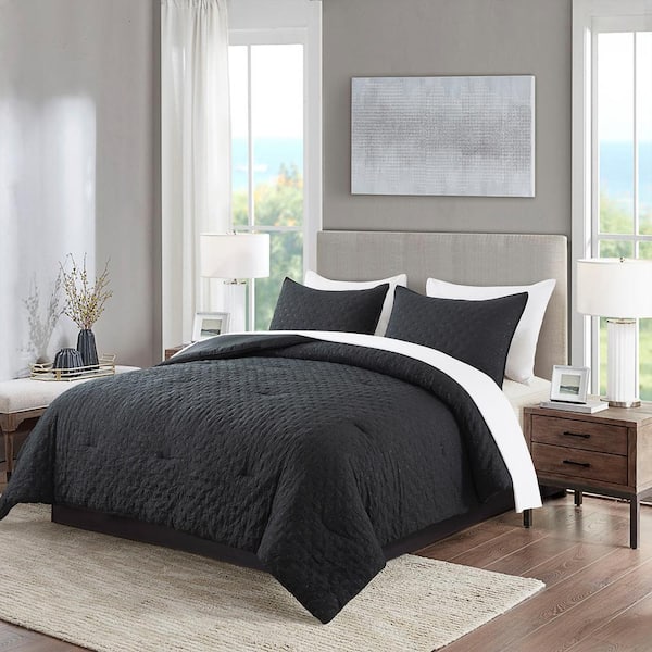 JML 2-Piece Black Quilted Creased Mincofiber Twin Size Comforter Set