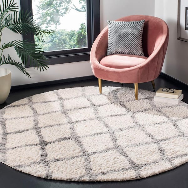 Berber Shag Cream/Gray 7 ft. x 7 ft. Round Geometric Area Rug