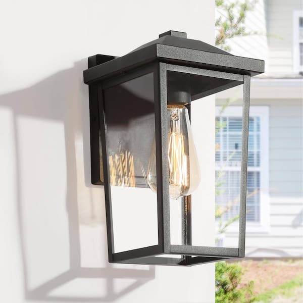 LNC Textured Black 1-Light Modern Lantern Outdoor Sconce Clear Glass Shade Hardwired Weather Resistant Outdoor Wall Light