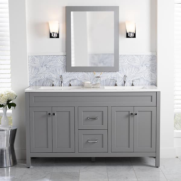 Home Decorators Collection Maywell 61 in. Double Sink Sterling Gray Bath Vanity with White Cultured Marble Top (Assembled)