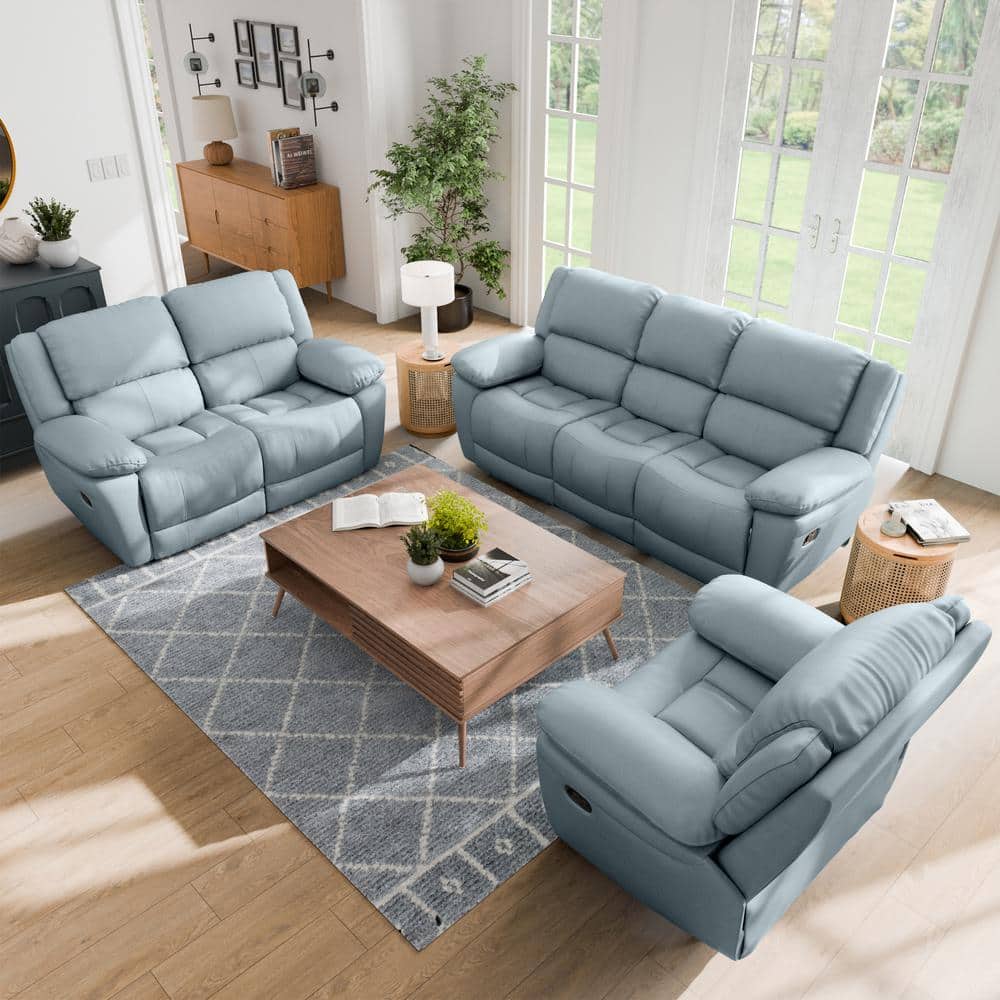 Furniture of America Loure 3-Piece Powder Blue Leather Match