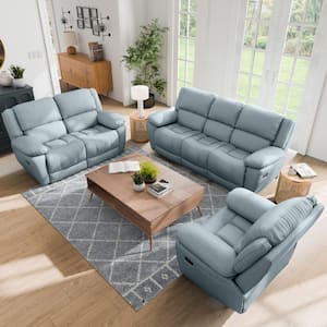 Loure 3-Piece Powder Blue Leather Reclining Living Room Set with Pillow Top Arms and Adjustable Headrest