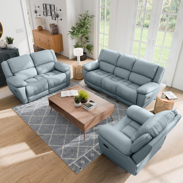 Loure 3-Piece Powder Blue Leather Match Reclining Living Room Set with Pillow Top Arms and Adjustable Headrest