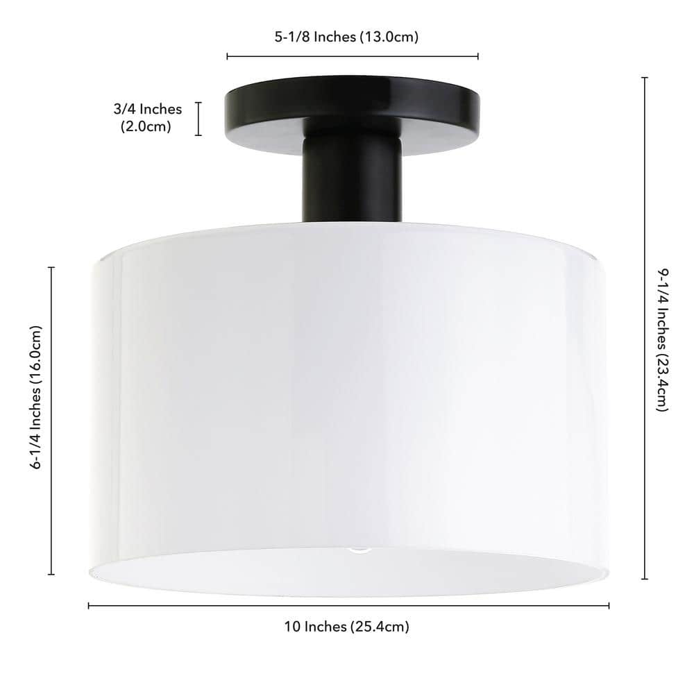 Henri 10" Matte Black Semi Flush Mount with White Glass Drum Shade
