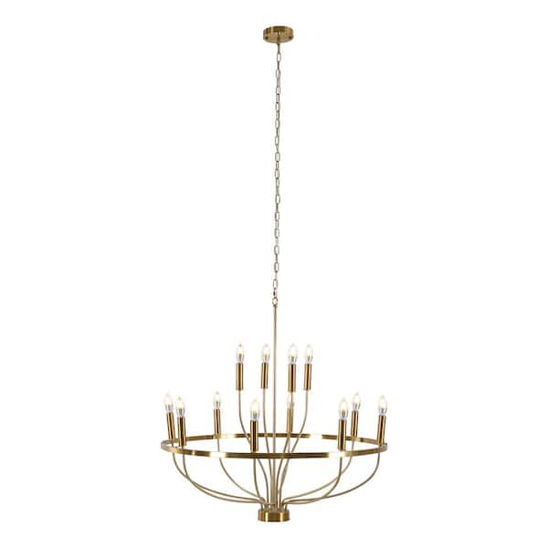 OUKANING 12-Light Gold Modern Candle Round Chandelier with Adjustable Height for Living Room Dining Room, No Bulbs Included