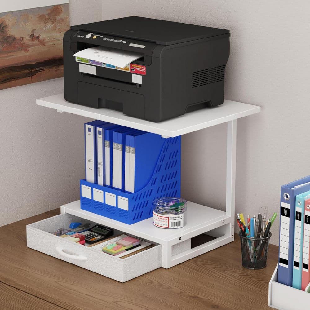 Organizing Stand White 19.5 in. x 16.2 in. Wood Modern Desk Organizer Stand with Metal ...