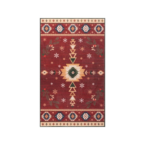 Washable Christmas Vintage Boho Tribal Snowflake Non Slip 3 ft. x 5 ft. Red Entryway Kitchen Door Mat Area Rug
