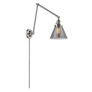 Cone 8 in. 1-Light Brushed Satin Nickel Wall Sconce with Plated Smoke Glass Shade with On/Off Turn Switch