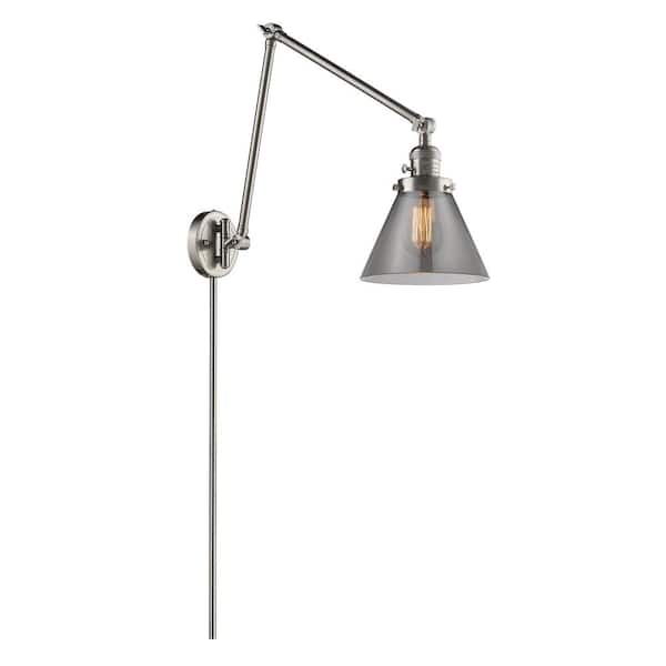 Innovations Cone 8 in. 1-Light Brushed Satin Nickel Wall Sconce with Plated Smoke Glass Shade with On/Off Turn Switch