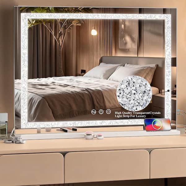 31.5 in x 22.8 in White Vanity with Crystal Light Strip and 3 Colors Dimmable Light Makeup Mirror wiuth USB Charge Port