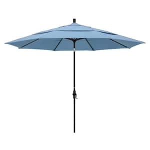 11 ft. Black Aluminum Pole Market Aluminum Ribs Crank Lift Outdoor Patio Umbrella in Air Blue Sunbrella