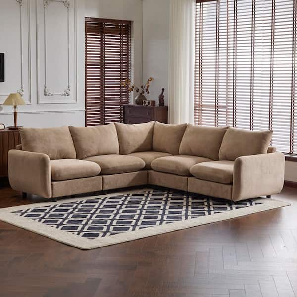 99.5 in. Oversize 5-Piece Velvet L-Shaped Solid Wood Frame Sectional Sofa Couch in Nomad