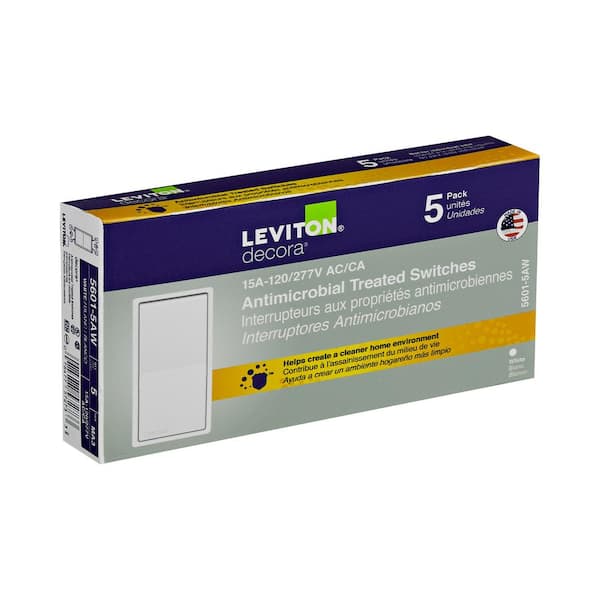 Leviton 15 Amp 120/277 Volt Single Pole Antimicrobial Treated Decora Rocker Switch, White, 5-Pack