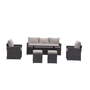 6-Piece Wicker Outdoor Sectional Set Patio Dining and Coffee Sofa with Dark Brown Cushions