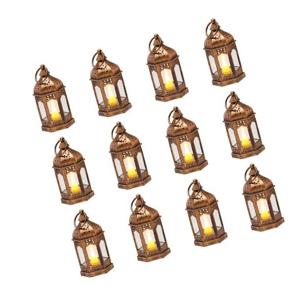 Decorative Candle Lantern, Bronze LED Electric Flameless Candle, Plastic LED Holder with Glass, for Wedding Table 12-Pcs