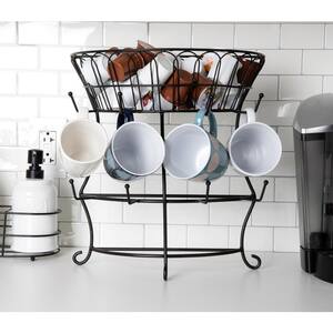 8-Hook Black Mug Tree with Basket for Coffee Pod Storage