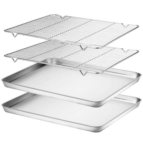 4-Piece Baking Sheets, Cooling Racks Set, Stainless Steel Cookie Pans, Non Toxic Heavy Duty Baking Trays with Racks