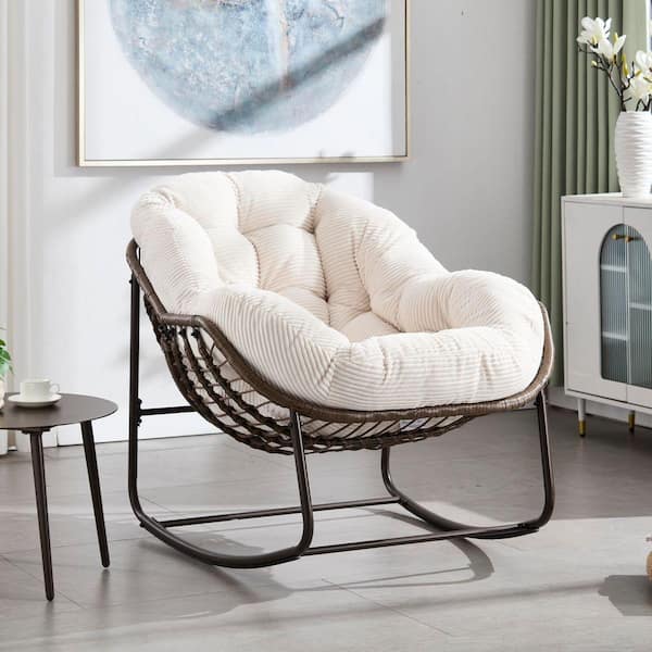 Wicker Outdoor Rocking Chair with White Cushion, Rattan Papasan