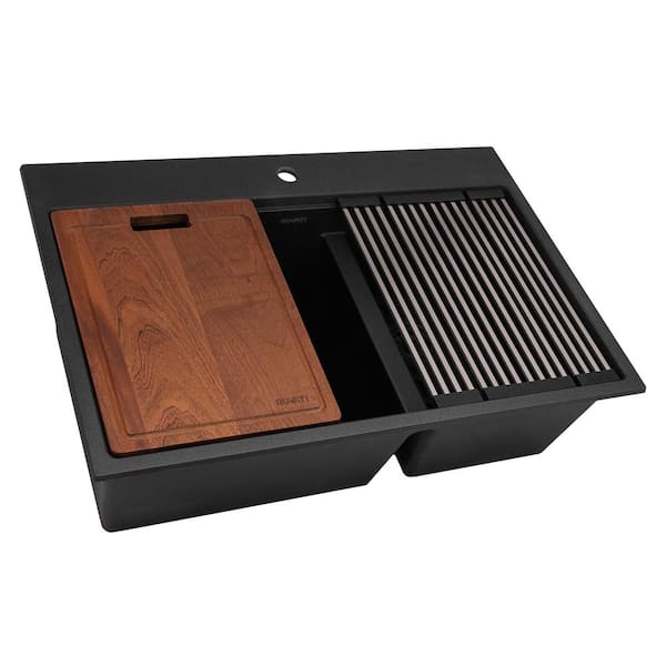 epiRock 33 In. Drop-in Topmount Double Bowl Workstation Kitchen  Sink in Charcoal Black with Accessories