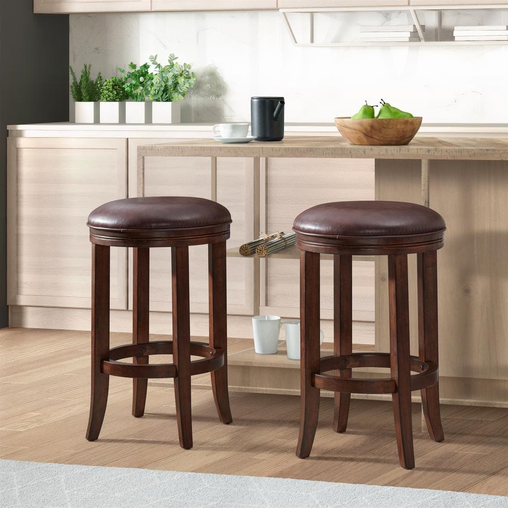 Distressed Walnut Backless Counter Stools with Leather Seat, Set of 2