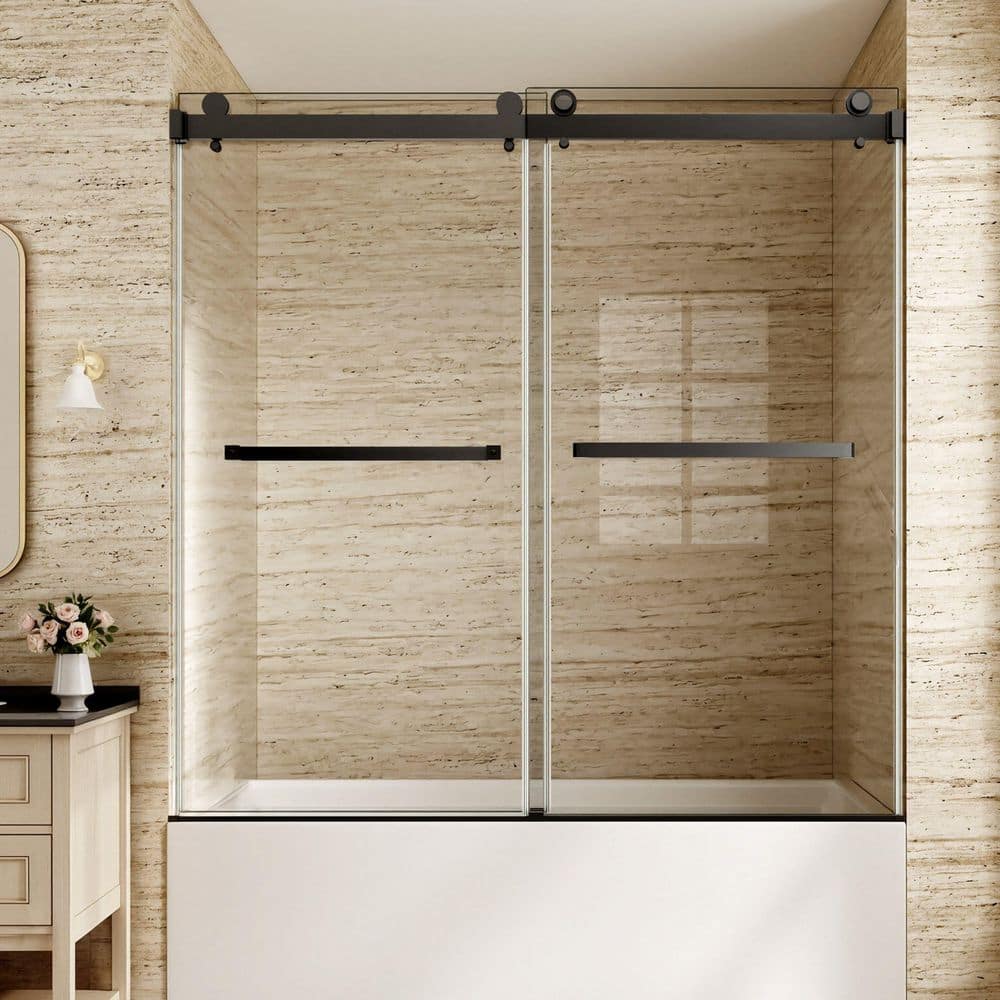 56-60 in. W x 60 in. H Sliding Frameless Tub Door in Matte Black with 5/16 in. Clear Tempered Glass price history on PriceWatchPro