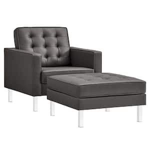 Loft Tufted Vegan Leather Upholstered Living Room 2-Piece Armchair and Ottoman Set in Silver Gray