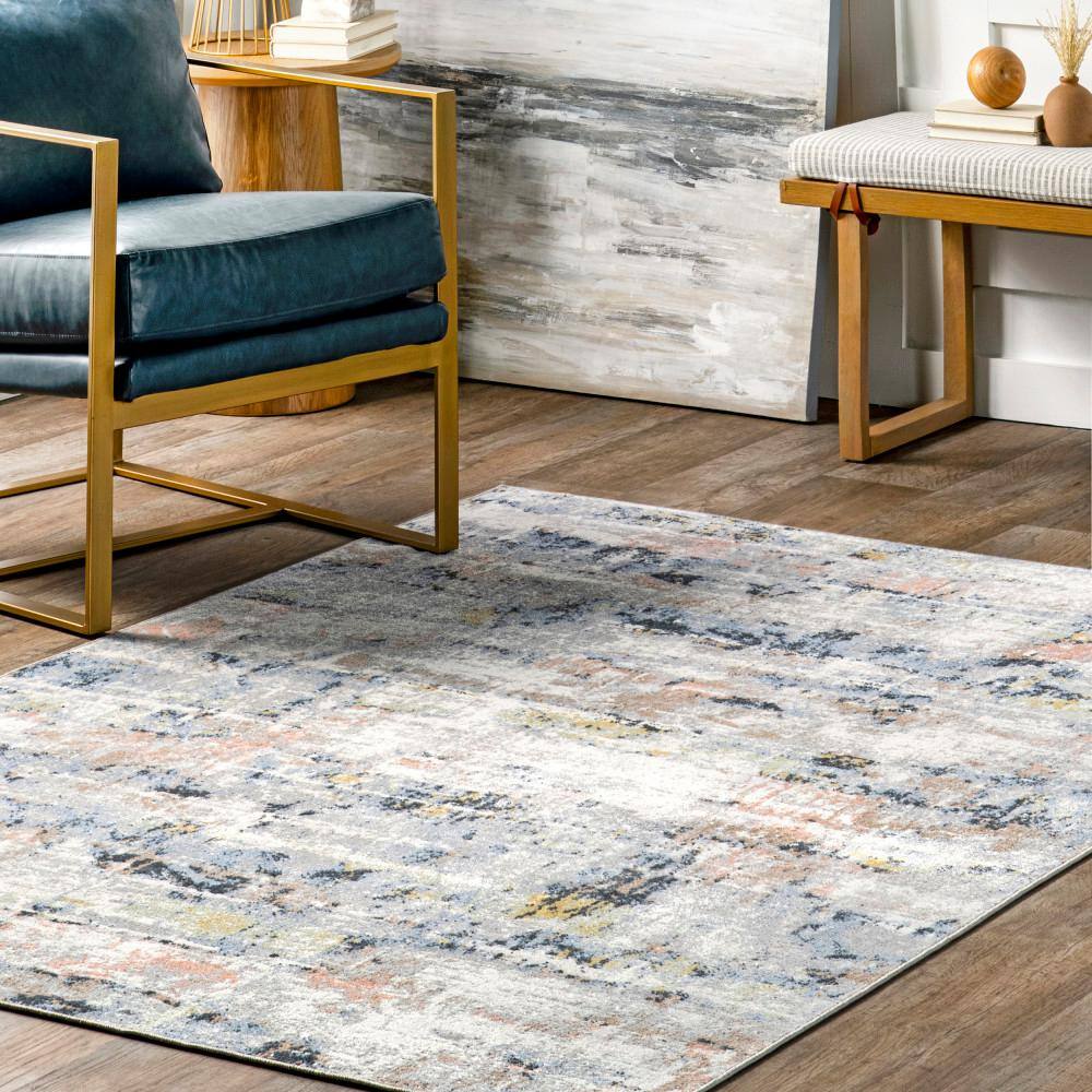 Blue Abstract Washable Synthetic 4' x 6' Area Rug