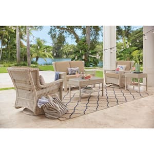 Park Meadows Off-White Wicker Outdoor Patio Swivel Rocking Lounge Chair with Sunbrella Beige Tan Cushions