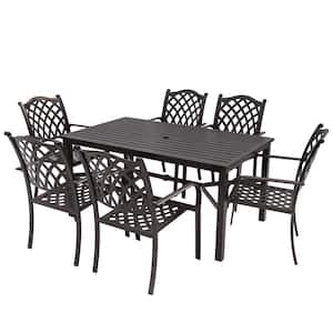 Dark Brown 7-Piece Aluminum Patio Dining Set With Umbrella Hole With Powder Coat Paint Finish, Seating for 6