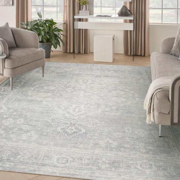 Astra Machine Washable Light Grey 9 ft. x 12 ft. Center medallion Traditional Area Rug