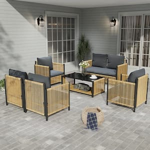 Black and Brown Framed 6-Piece Wicker Outdoor Sectional Set with Dark Gray Cushions and Tempered Glass Table